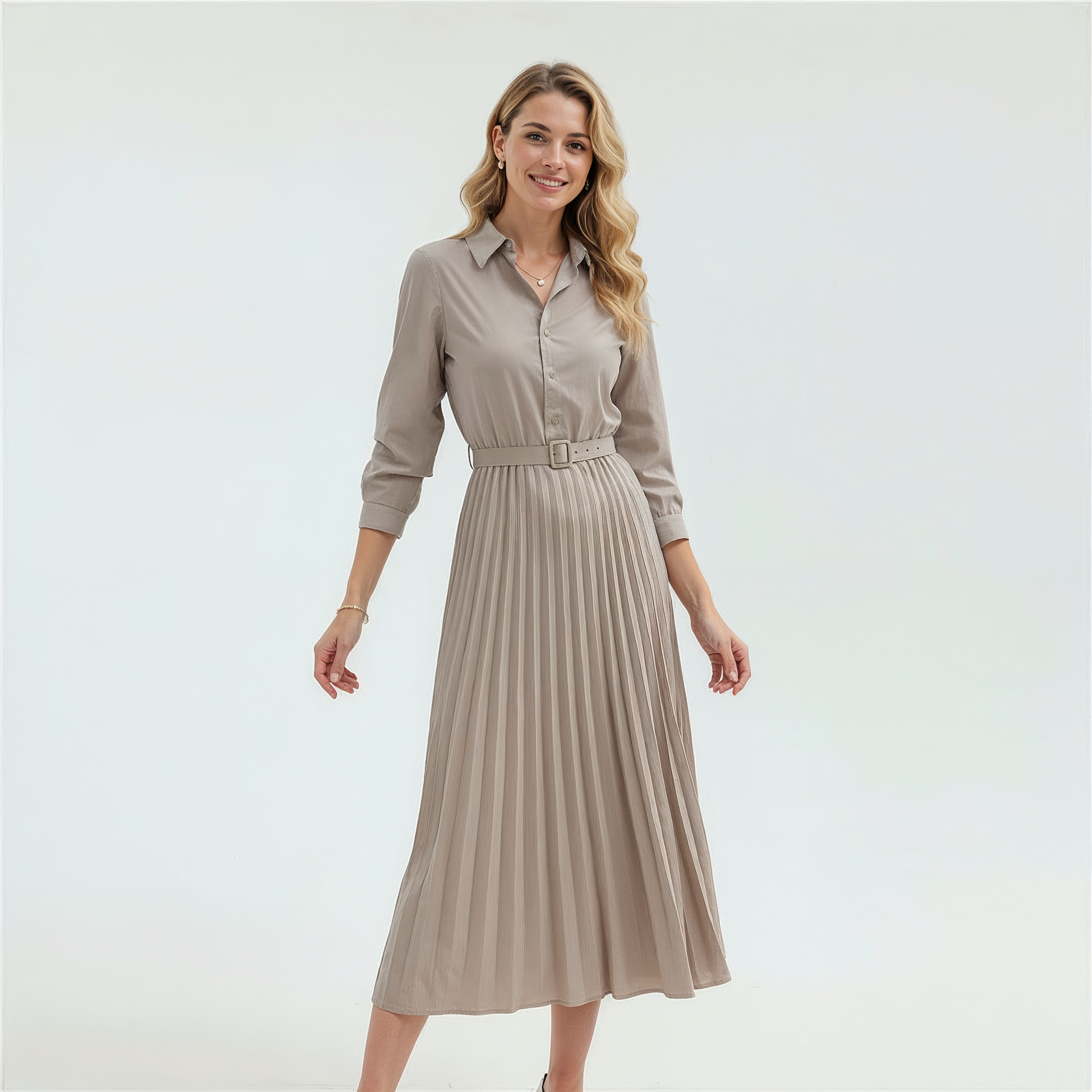Button-Up Belted Dress with Pleated Skirt
