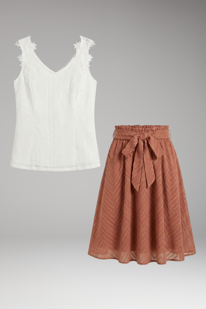 Women’s Two Piece Set with Lace Top and Flared Skirt