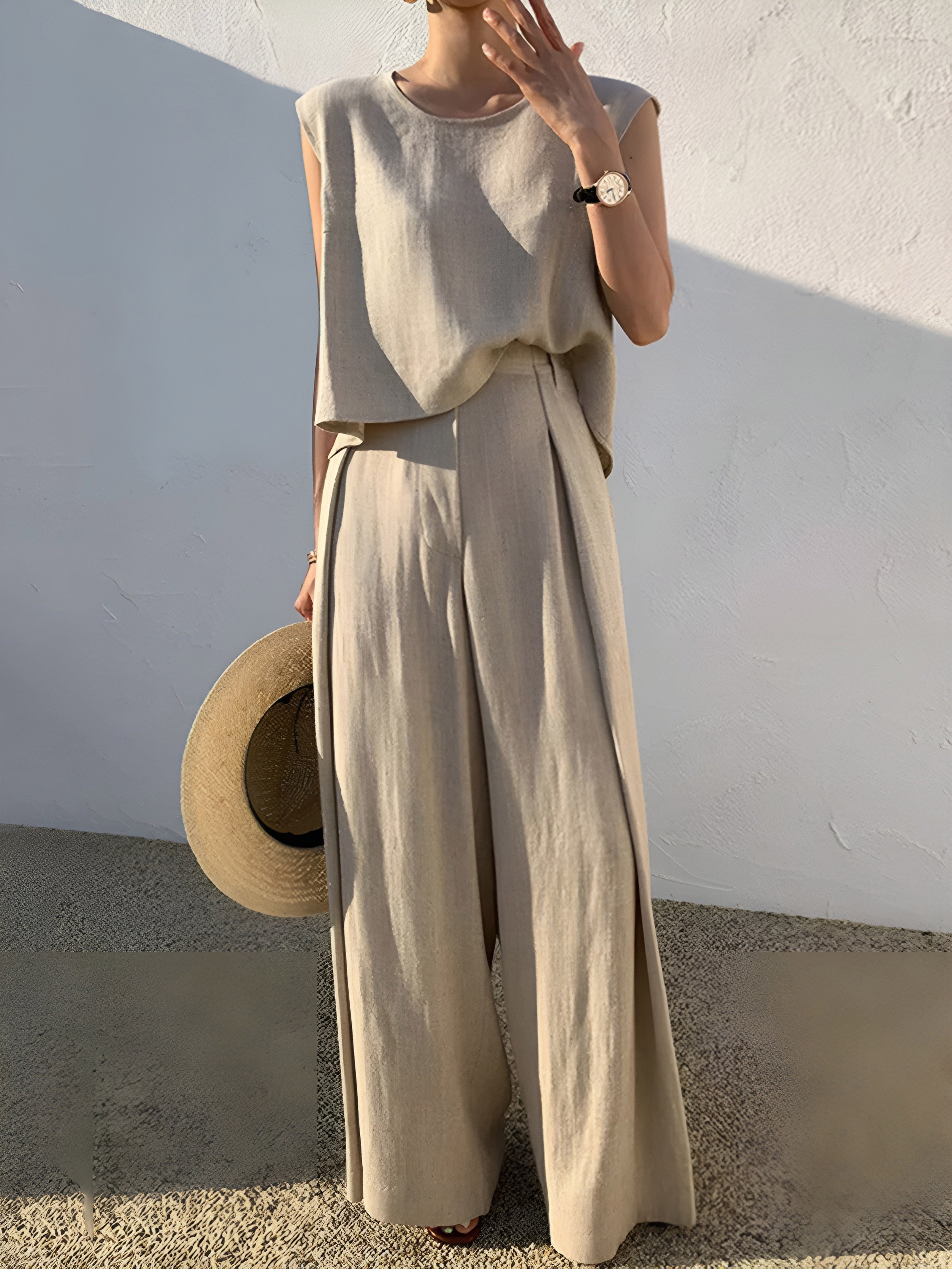 Women’s Linen Set with Sleeveless Top and Wide-Leg Trousers