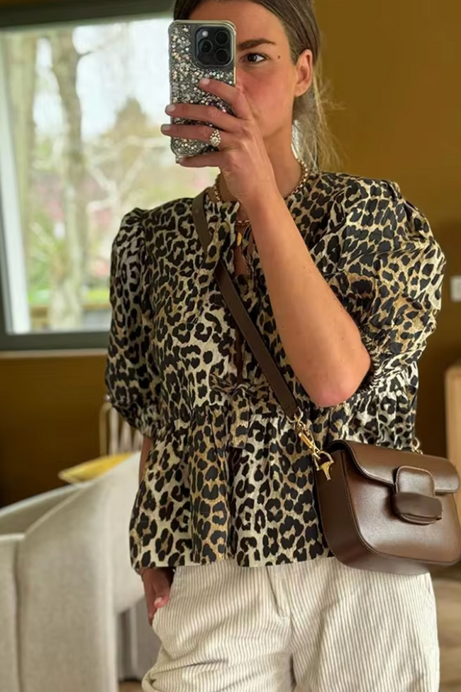 Button-Down Peplum Blouse with Bow Accents