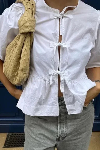 Button-Down Peplum Blouse with Bow Accents