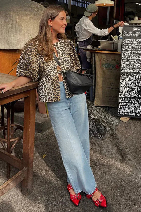 Button-Down Peplum Blouse with Bow Accents