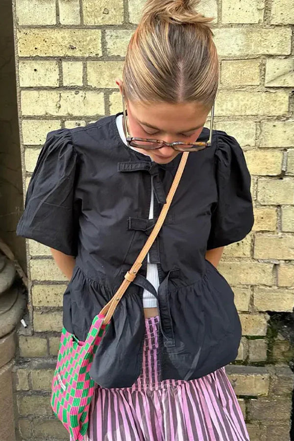 Button-Down Peplum Blouse with Bow Accents
