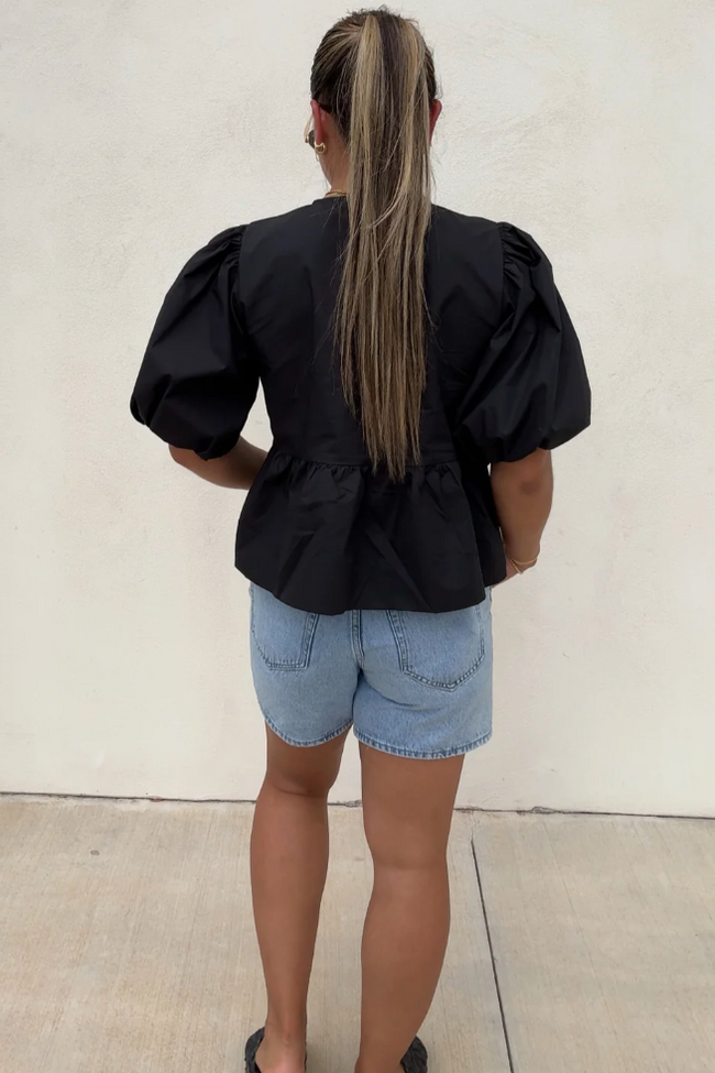 Button-Down Peplum Blouse with Bow Accents