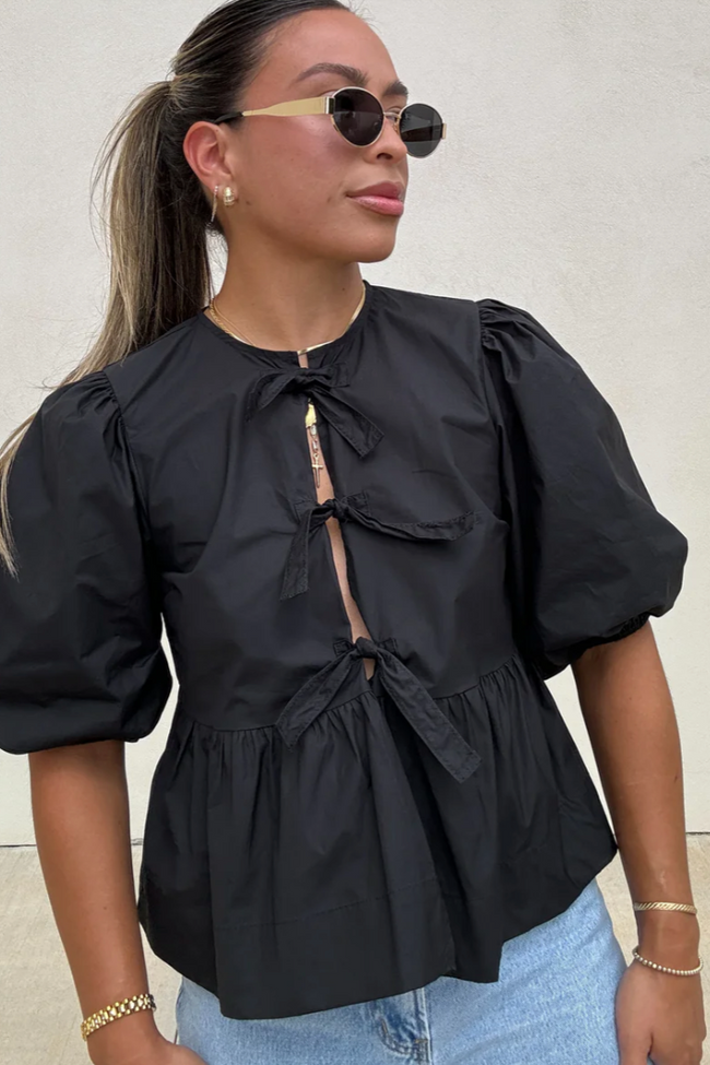 Button-Down Peplum Blouse with Bow Accents
