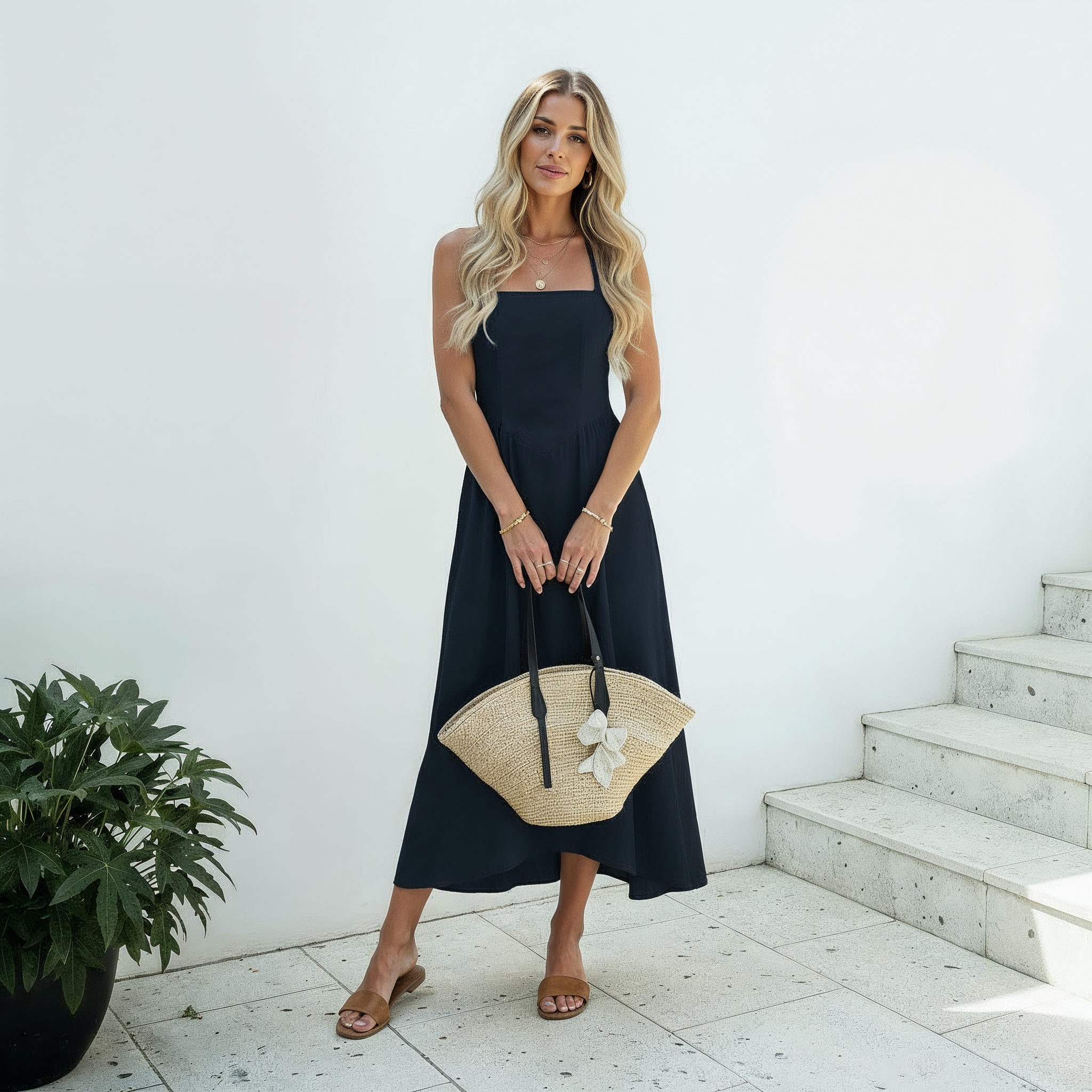 Halter-Neck Midi Dress with Square Neckline