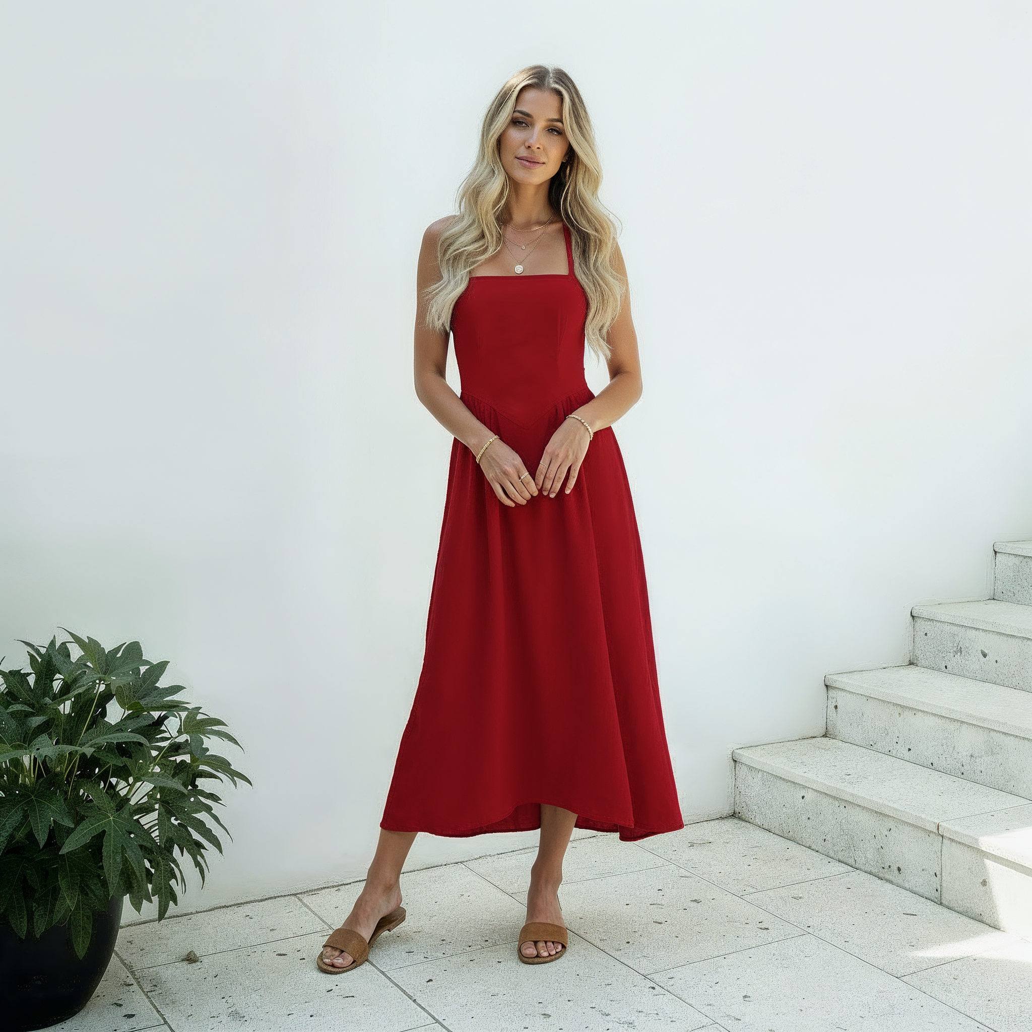 Halter-Neck Midi Dress with Square Neckline