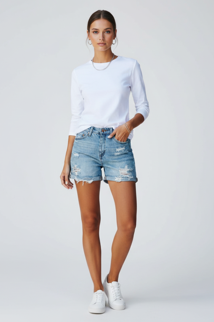 Women’s Denim Shorts with Distressed Surface and Fringe Hem