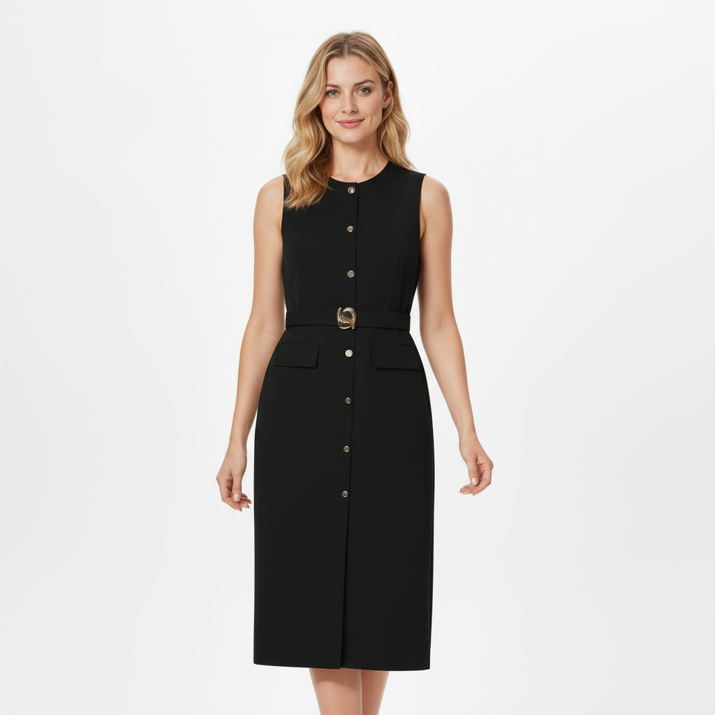 Sleeveless Button-Up Midi Dress with Belted Waist