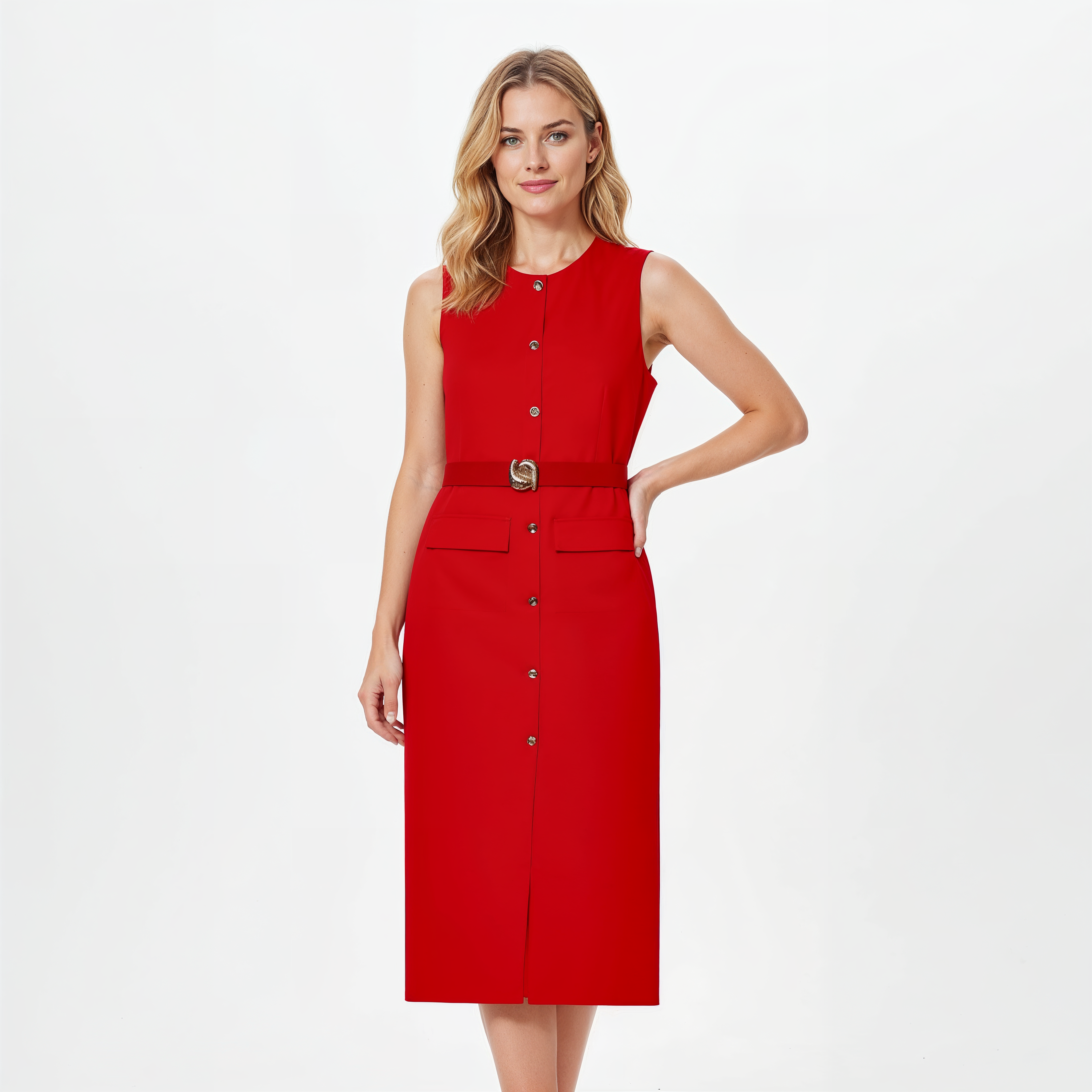 Sleeveless Button-Up Midi Dress with Belted Waist