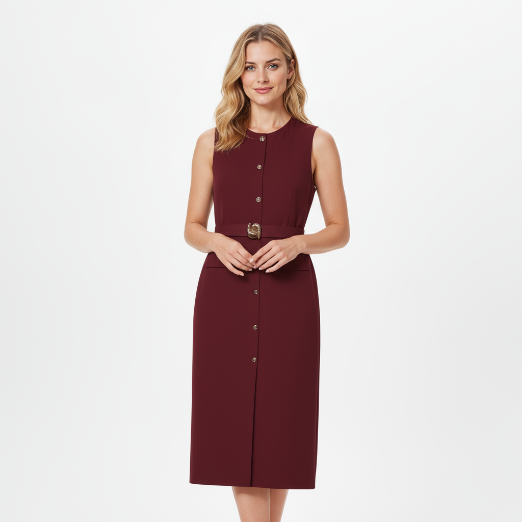 Sleeveless Button-Up Midi Dress with Belted Waist