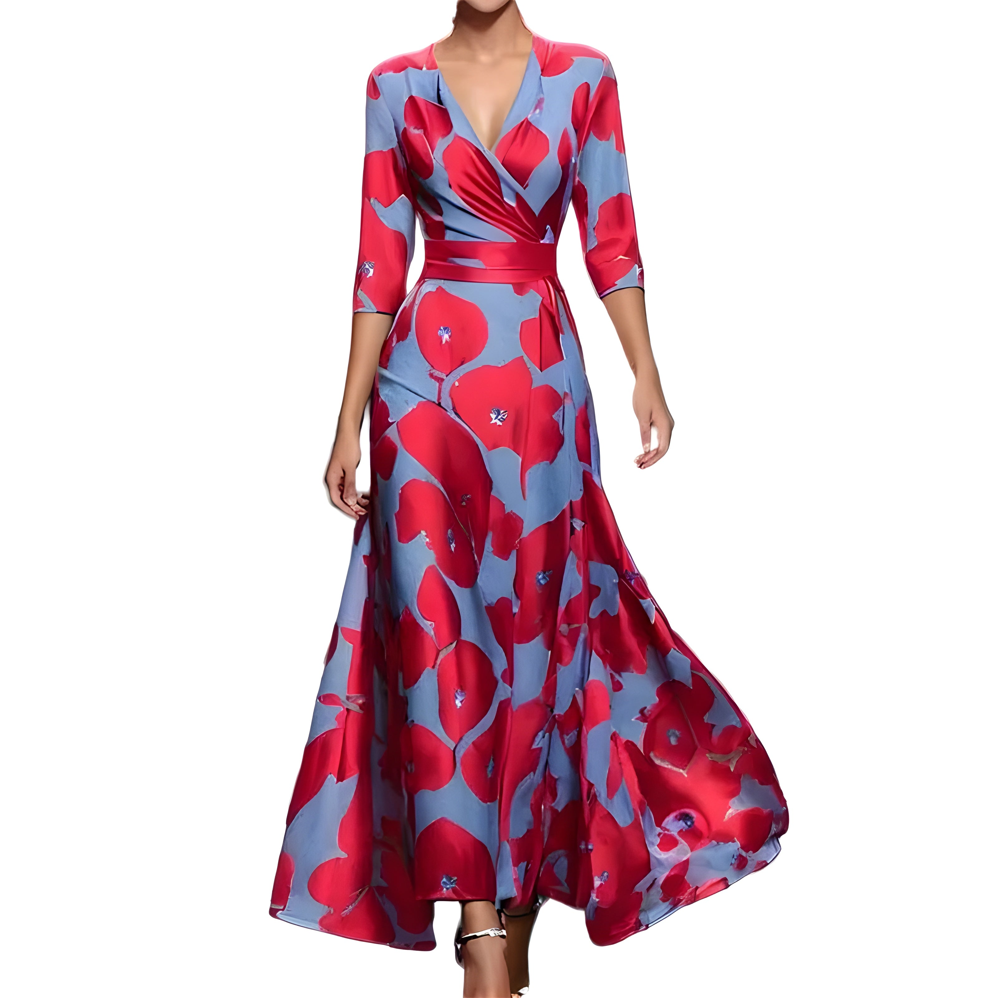 Women’s Maxi Dress with V-Neck and Printed Surface