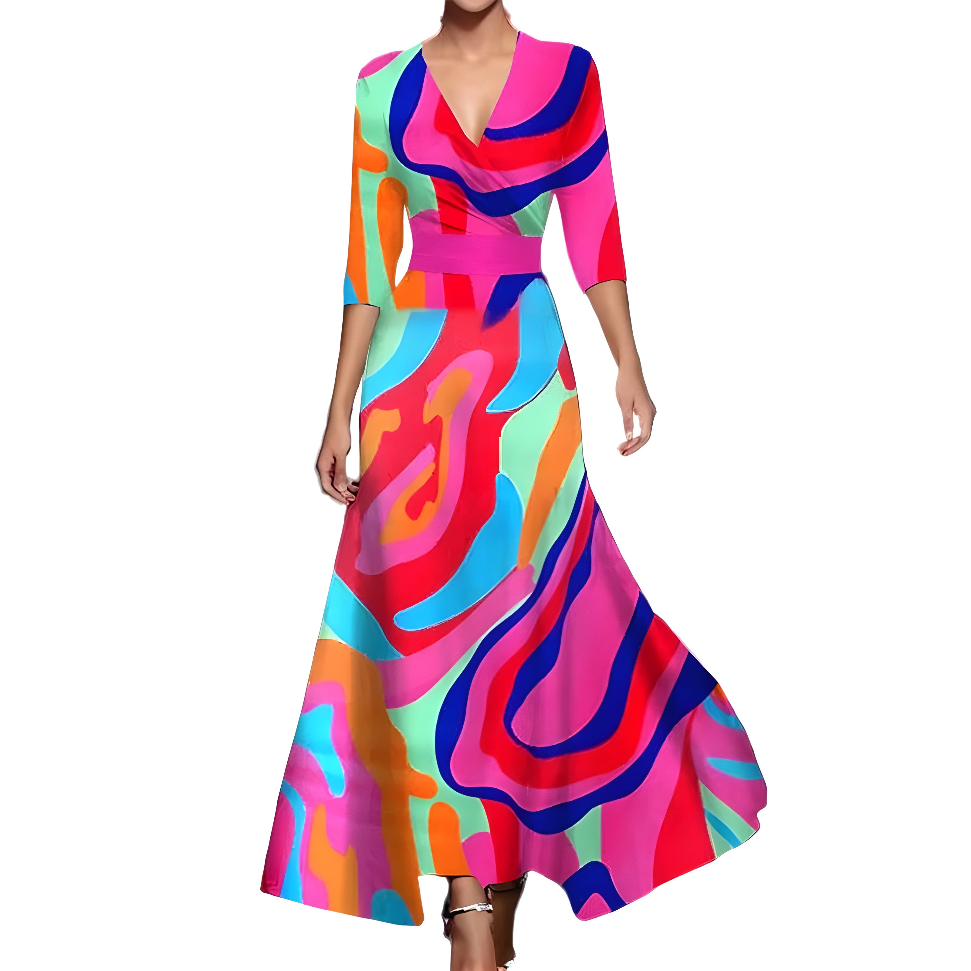 Women’s Maxi Dress with V-Neck and Printed Surface