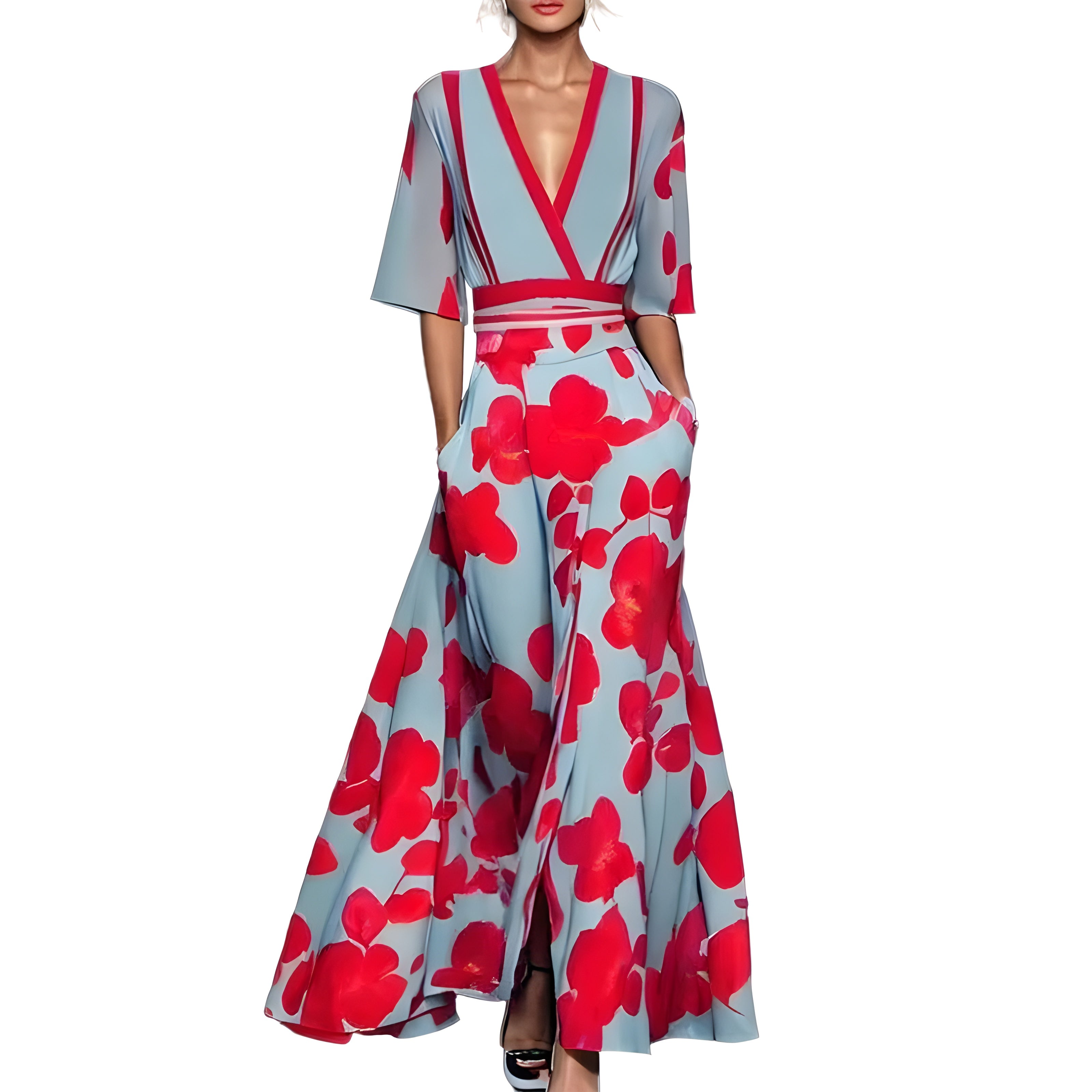 Women’s Maxi Dress with V-Neck and Printed Surface
