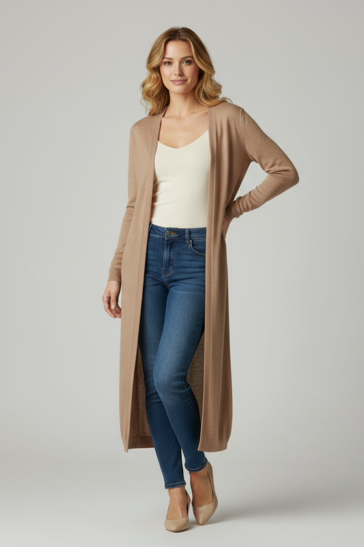 Women’s Long Cardigan with Open Front and Straight Outline