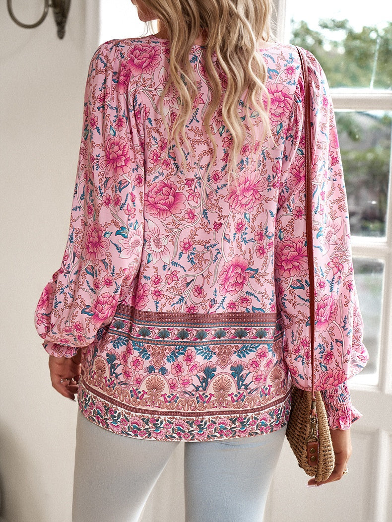 Floral Print V-Neck Tie Long Sleeve Tunic Blouse for Women
