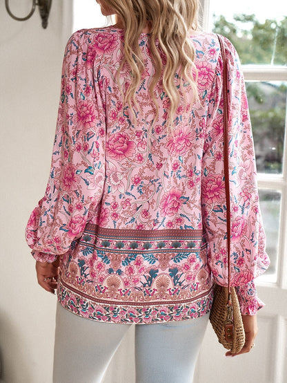Floral Print V-Neck Tie Long Sleeve Tunic Blouse for Women