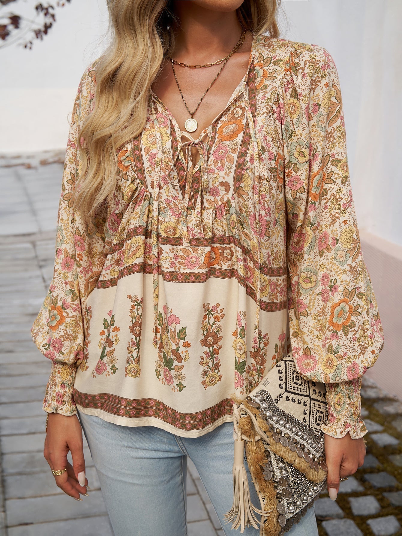 Floral Print V-Neck Tie Long Sleeve Tunic Blouse for Women