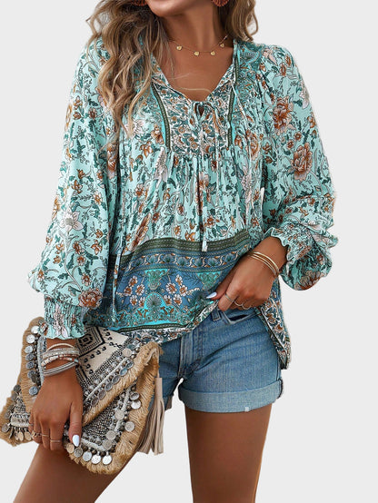Floral Print V-Neck Tie Long Sleeve Tunic Blouse for Women