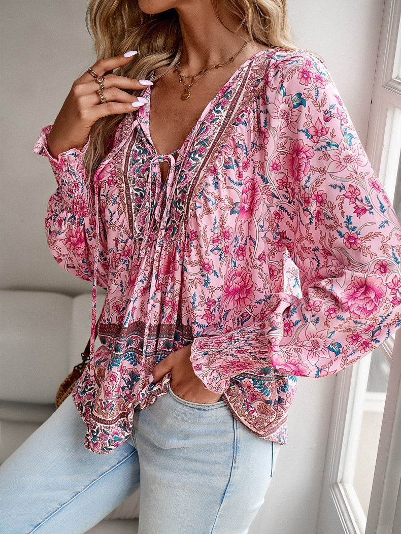 Floral Print V-Neck Tie Long Sleeve Tunic Blouse for Women
