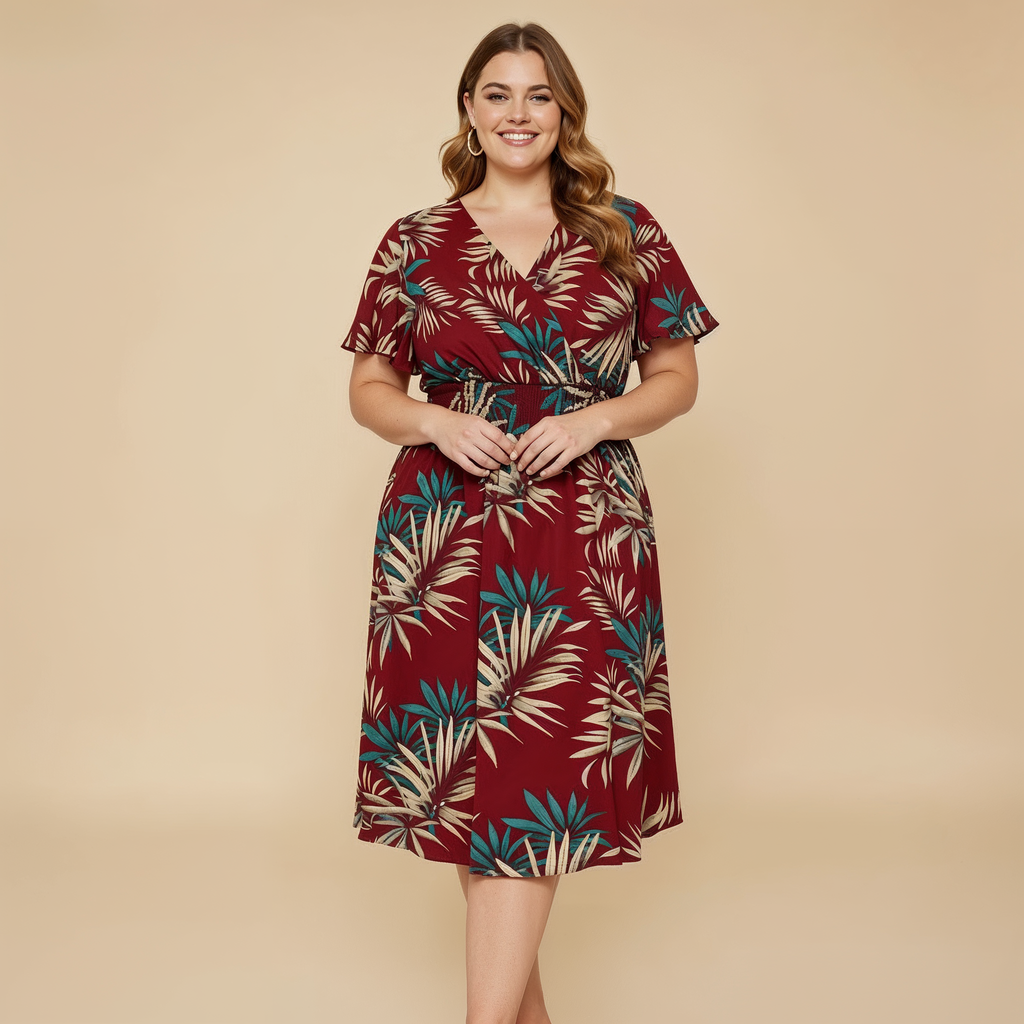 Plus Size Tropical Floral Wrap Dress with V-Neckline