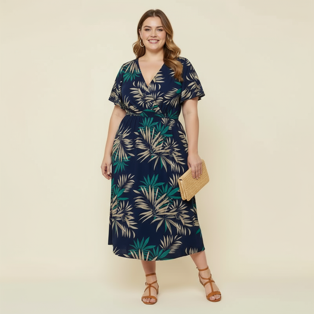 Plus Size Tropical Floral Wrap Dress with V-Neckline