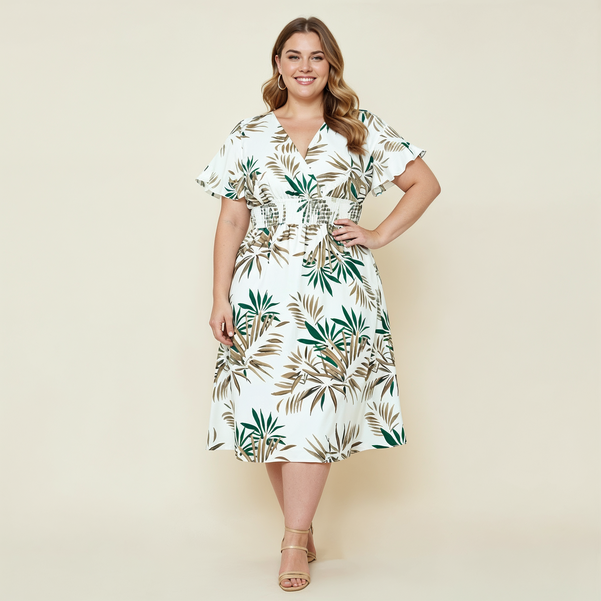 Plus Size Tropical Floral Wrap Dress with V-Neckline