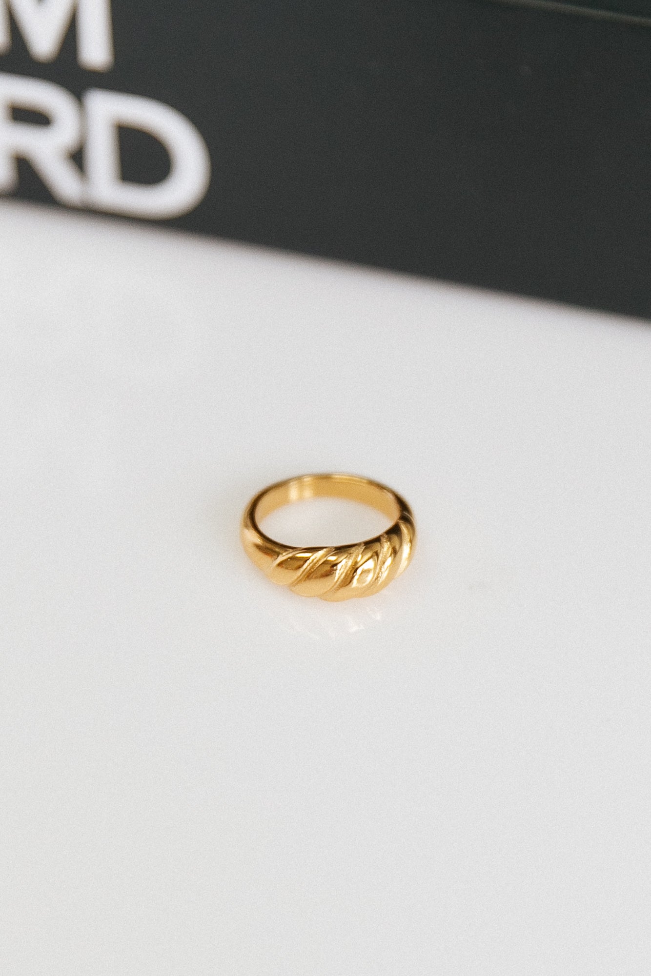 Gold Pleated Twist Ring with Sculpted Titanium Steel Band for Women