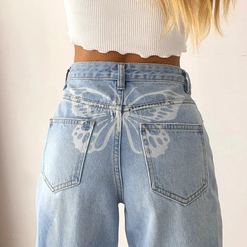 High-Waist Butterfly Print Jeans For Women