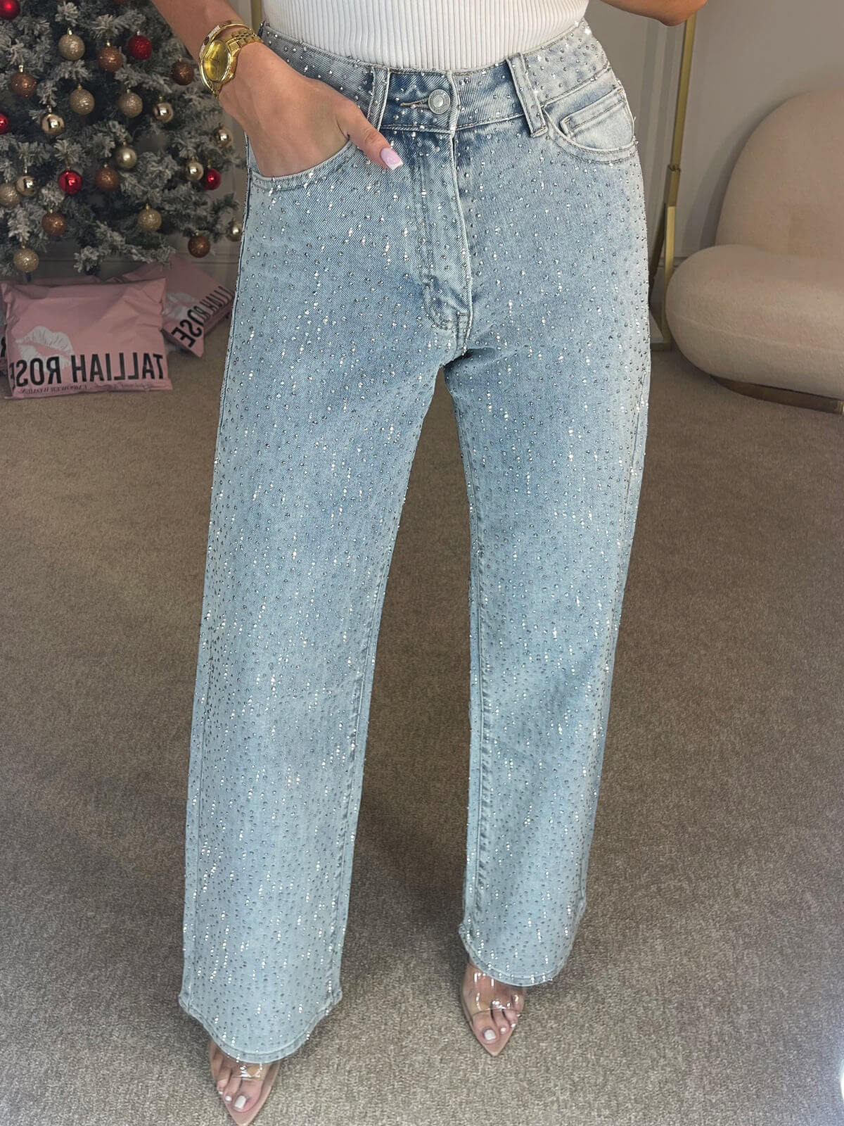 Women’s High-Waisted Jeans with Shimmer Detail
