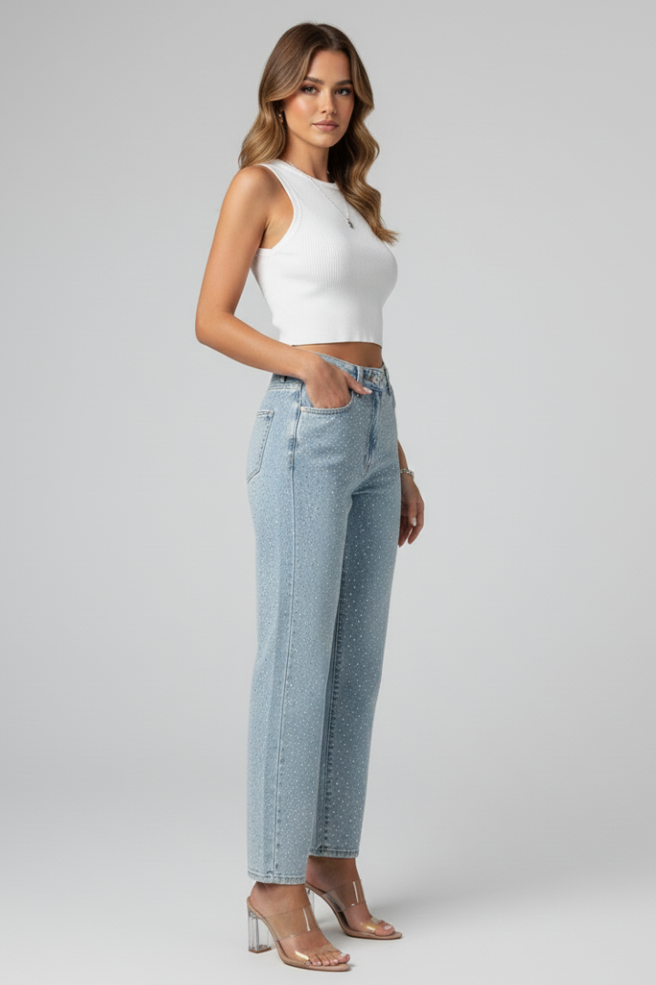 Women’s Jeans with High Waist and Shimmer Surface