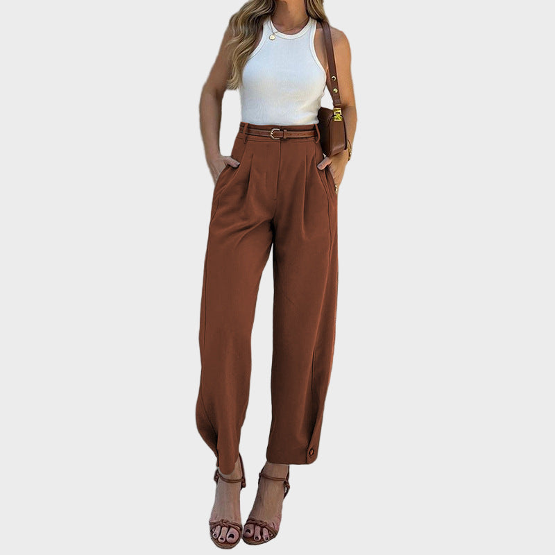 Women’s High-Waisted Pants with Belted Waist and Tapered Leg