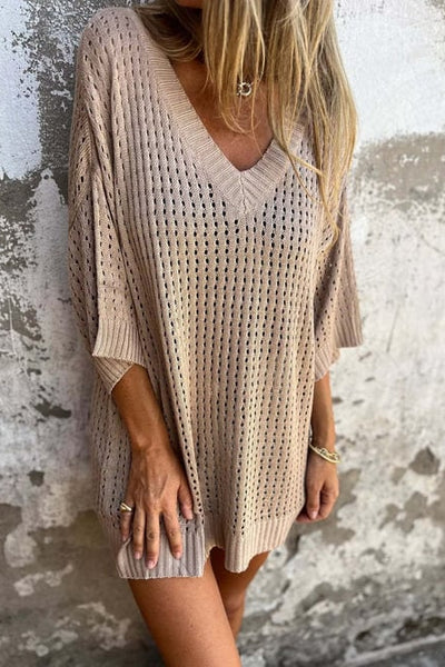 Hollow-Out V-Neck Blouse with Scalloped Detailing