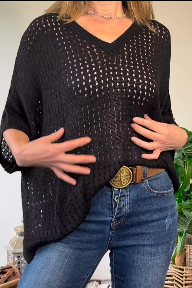 Hollow-Out V-Neck Blouse with Scalloped Detailing