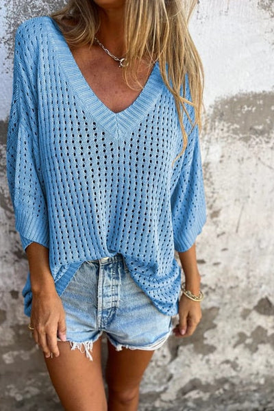 Hollow-Out V-Neck Blouse with Scalloped Detailing