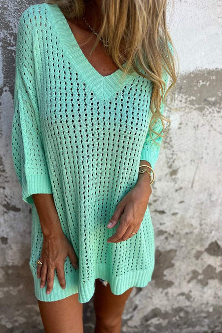 Hollow-Out V-Neck Blouse with Scalloped Detailing