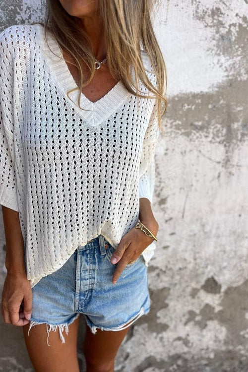 Hollow-Out V-Neck Blouse with Scalloped Detailing
