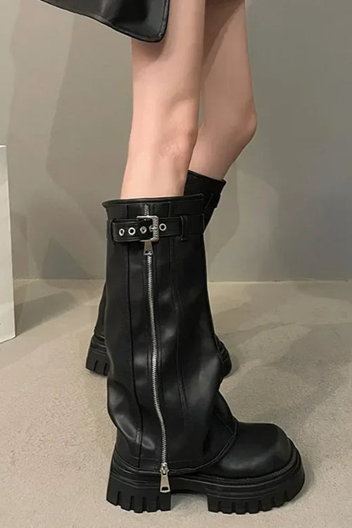 Knee-High Platform Boots with Side Zipper