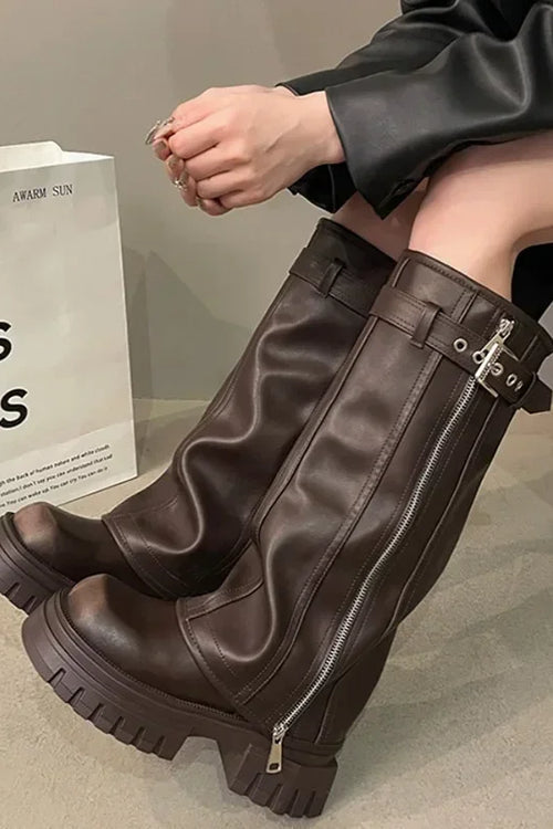 Knee-High Platform Boots with Side Zipper