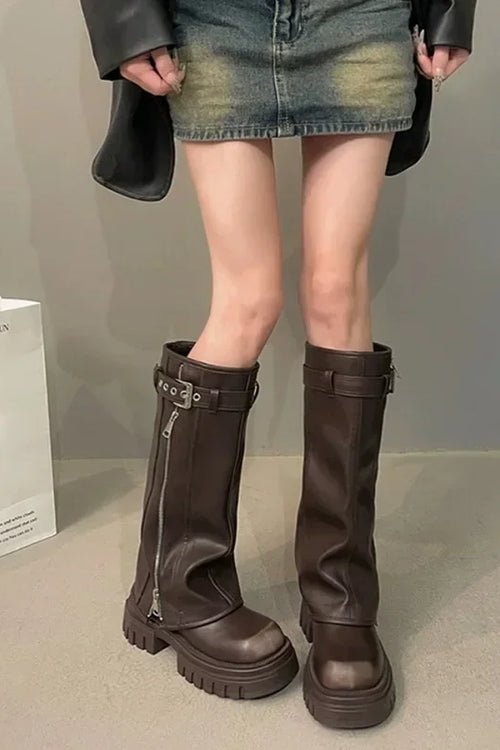 Knee-High Platform Boots with Side Zipper