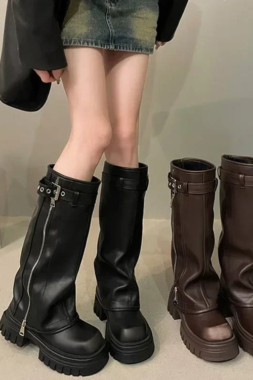 Knee-High Platform Boots with Side Zipper