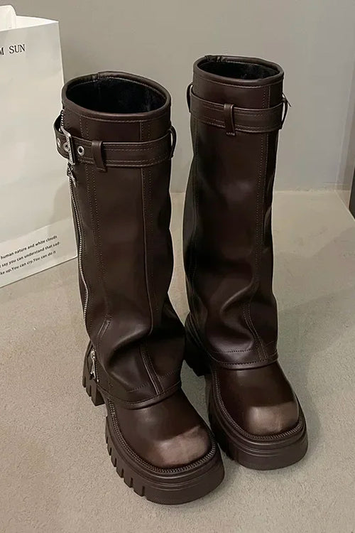 Knee-High Platform Boots with Side Zipper