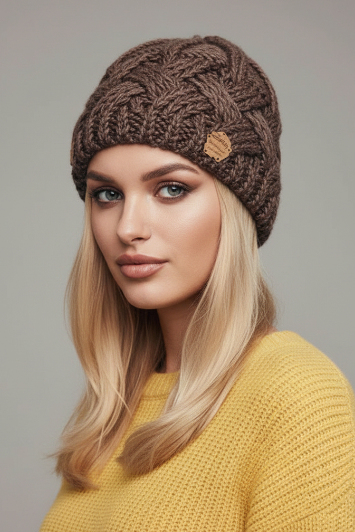 Women Knit Hat with Ribbed Edge and Textured Woven Surface