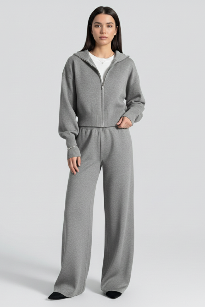 Women’s Knit Set with Zip Jacket and Wide-Leg Trousers