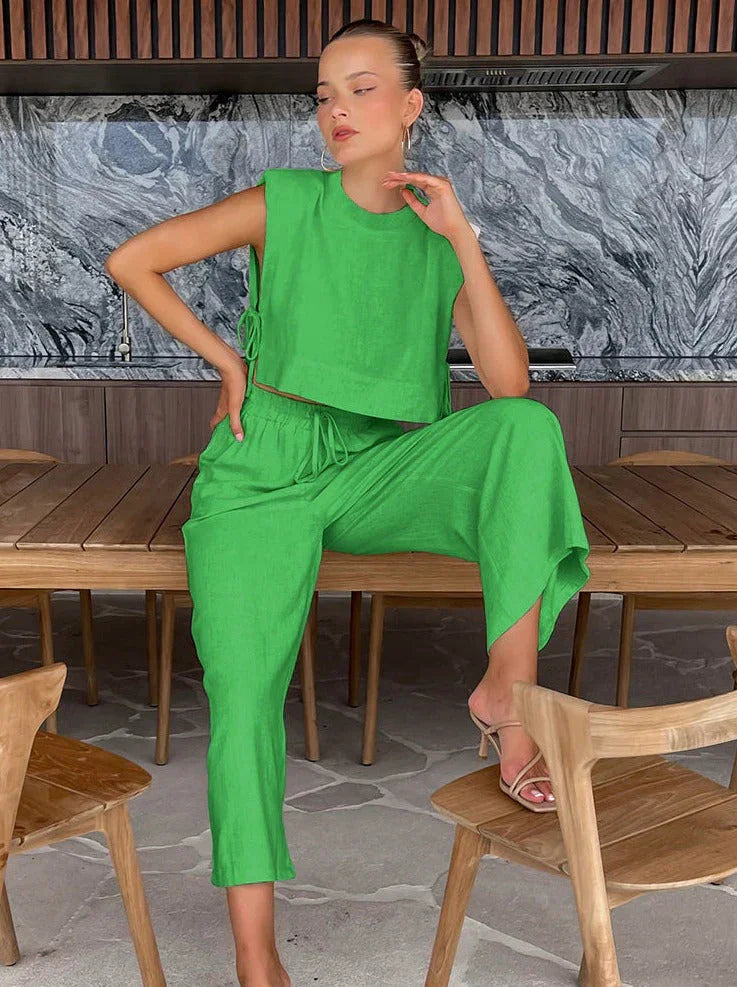 Linen Blend Shirt and Shorts Set for Women