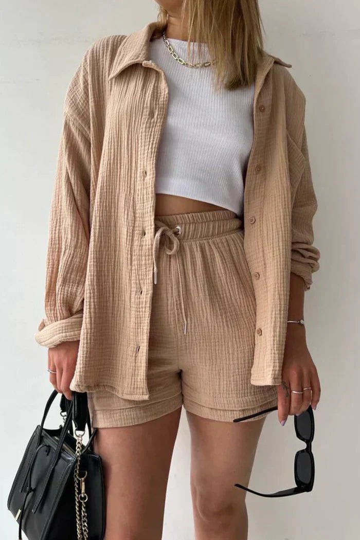 Women’s Two Piece Set with Oversized Blouse and Muslin Shorts
