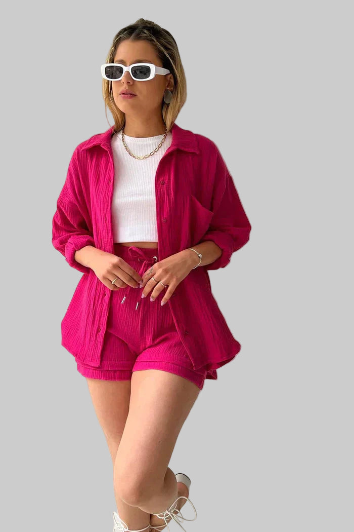 Women’s Two Piece Set with Oversized Blouse and Muslin Shorts