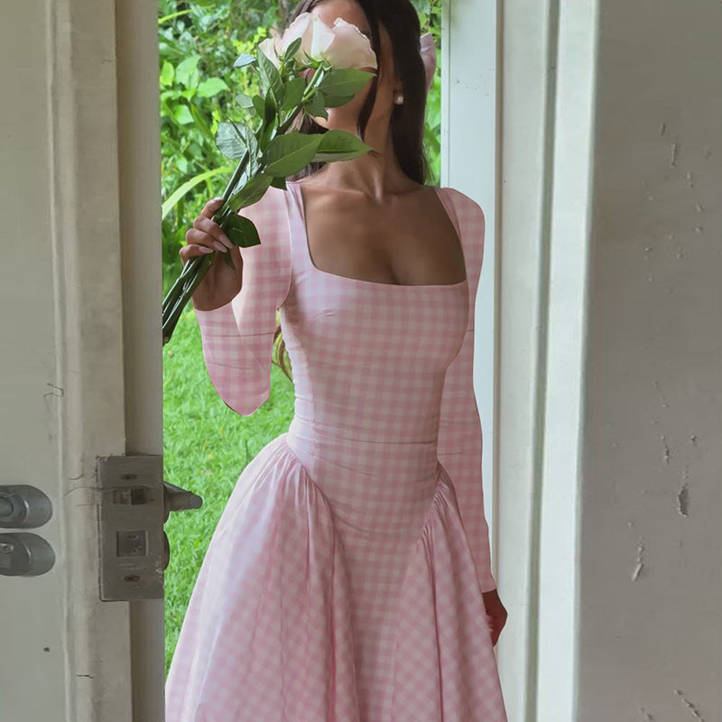 Checked Square-Neck Dress with Long Sleeves
