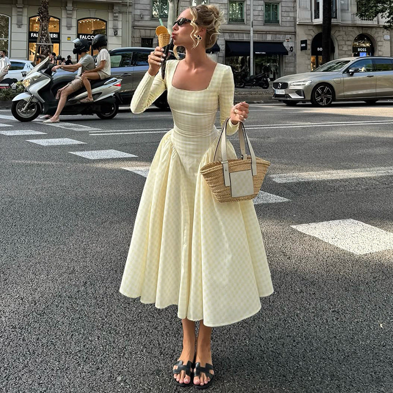 Checked Square-Neck Dress with Long Sleeves