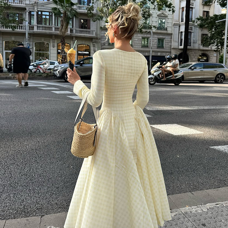Checked Square-Neck Dress with Long Sleeves